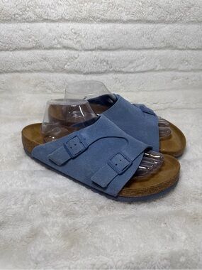 Birkenstock Zurich Mens Slide Sandals 9 Elemental Blue Suede Adjustable Buckles